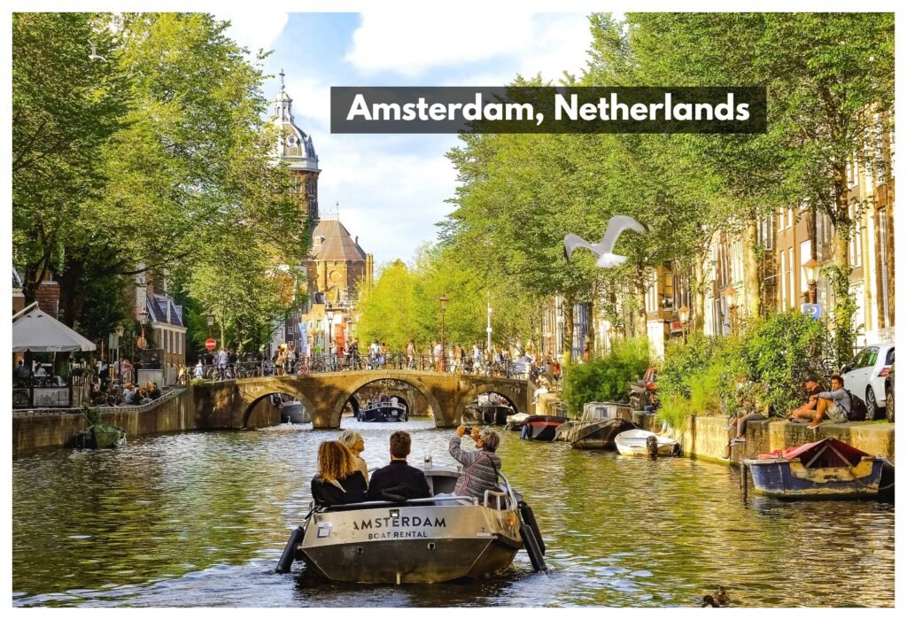 Seniors enjoying a boat tour of the canals of Amsterdam, Netherlands