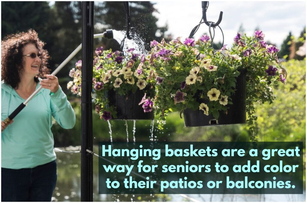 Hanging baskets are a great way for seniors to add color to their patios or balconies.