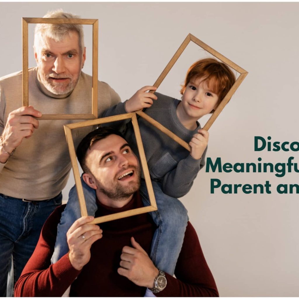 Three generation holding a photo frame with a text 'Deiscovering the meaningful role of senior parent and grandparent'