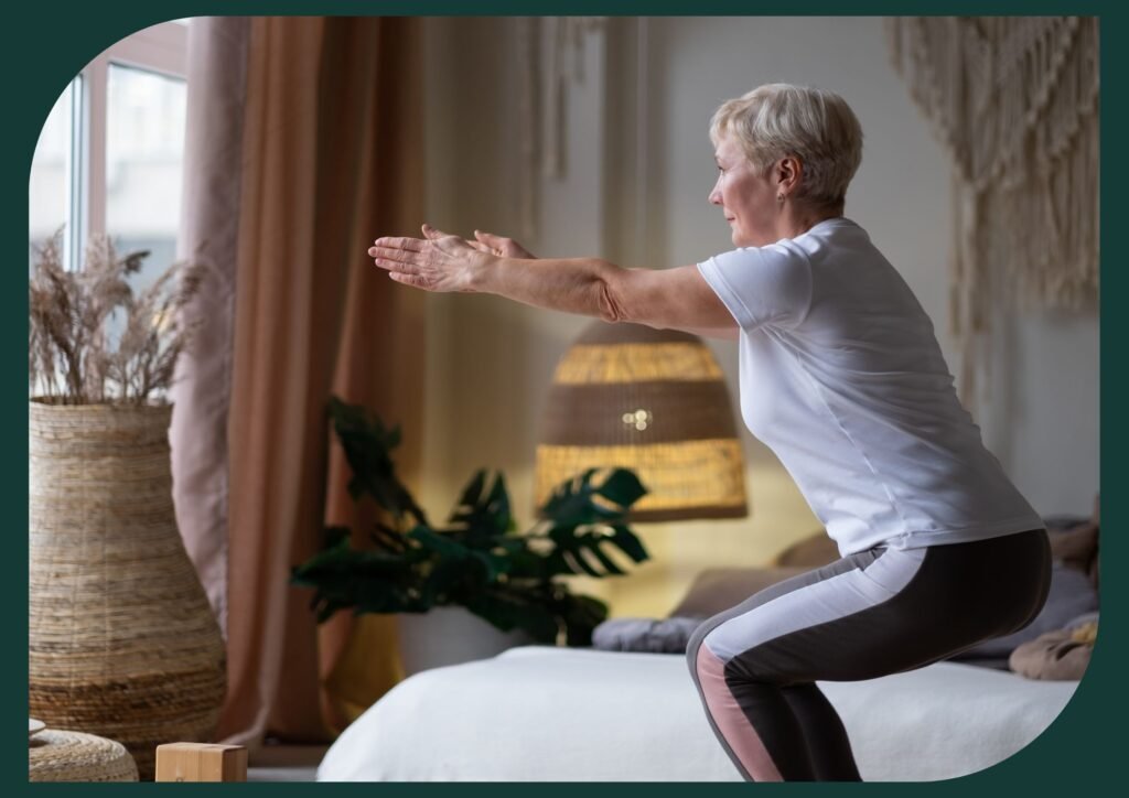 Senior woman practising advance yoga Chair pose.