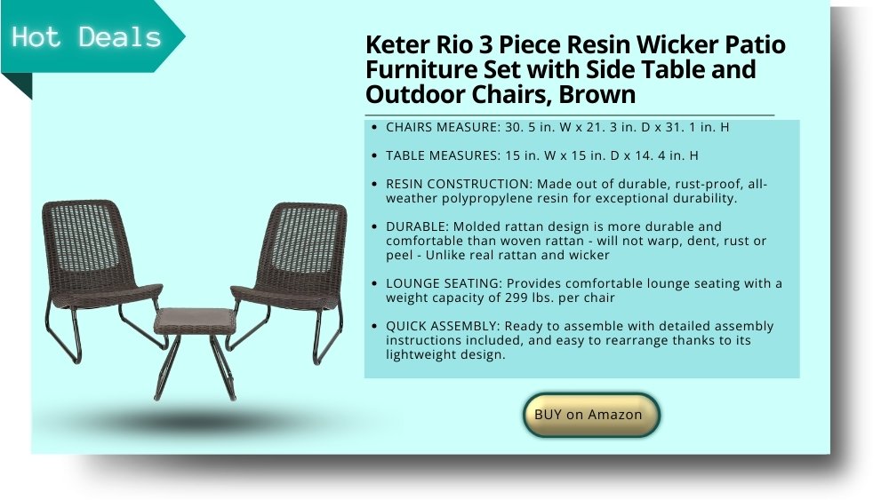 Keter Rio 3 Piece Resin Wicker Patio Furniture Set with Side Table and Outdoor Chairs, Brown