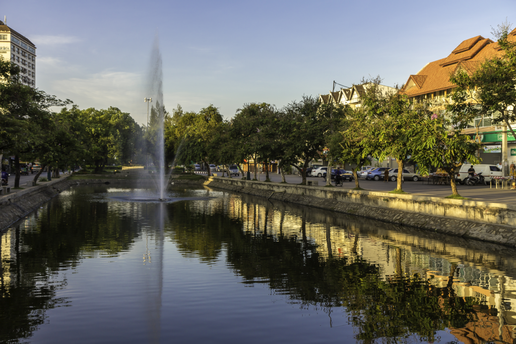 An image of Chiang Mai temples and moat. 