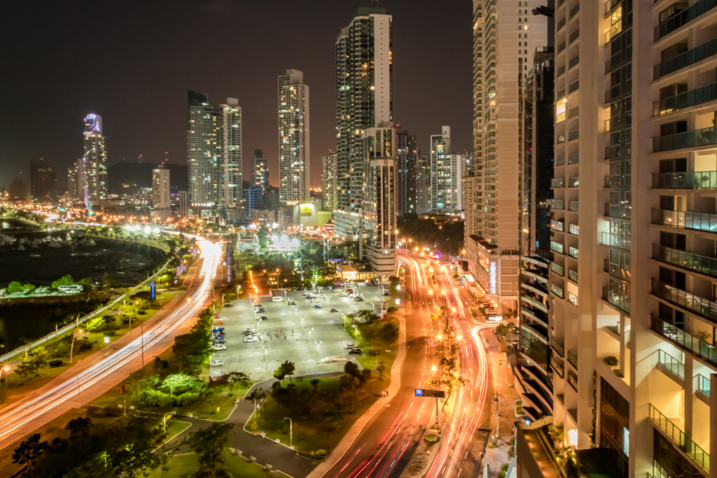 An image of Panama City's streets and building at night. One of many locations to your senior trip to Panama.