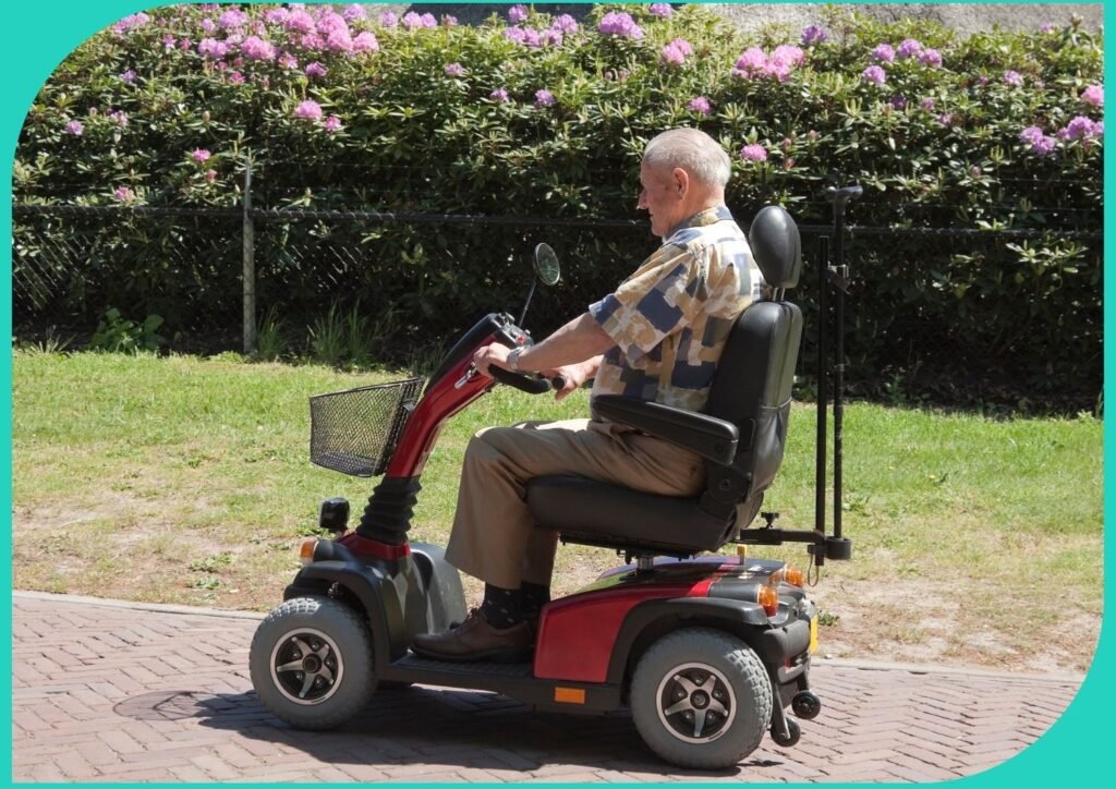 Senior riding on a mobility scooter.