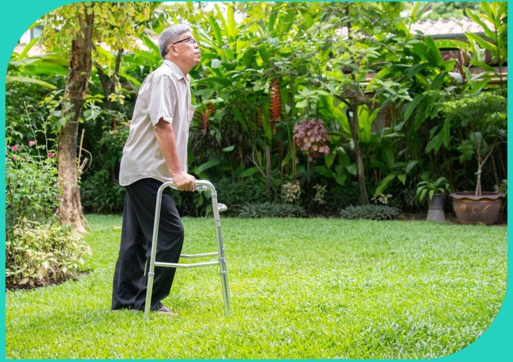 Senior enjoying the view outside his home independently using a walker.