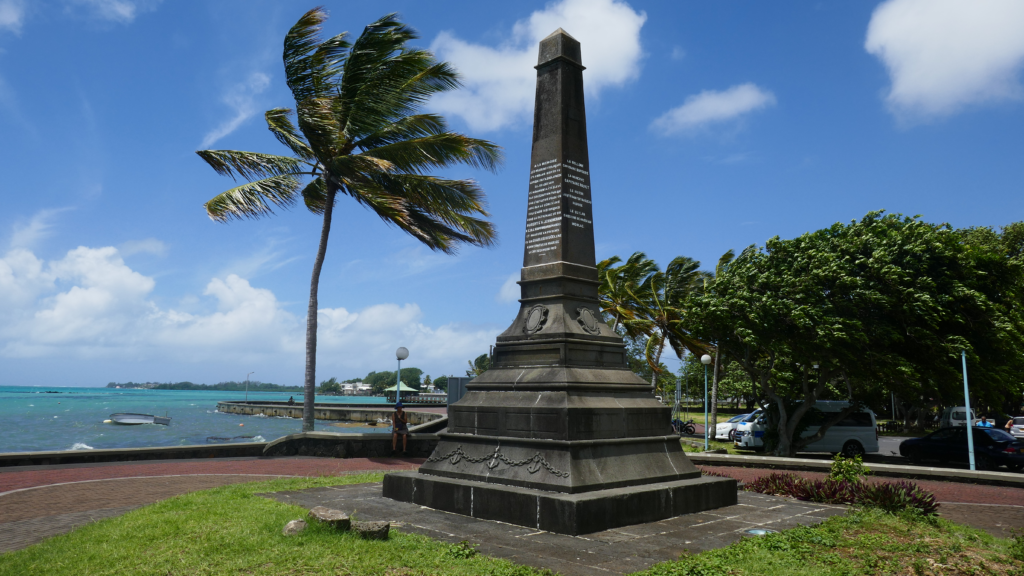 An image of the Grand Port Battle Memorial in Mahebourg.