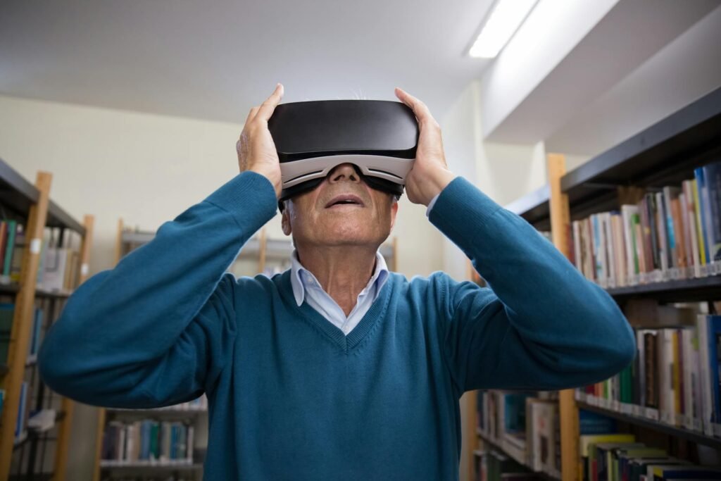 A retiree trying out a senior VR entertainment.