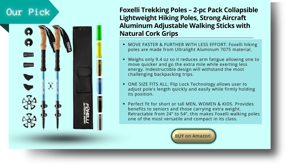 Foxelli Trekking Poles – 2-pc Pack Collapsible Lightweight Hiking Poles, Strong Aircraft Aluminum Adjustable Walking Sticks with Natural Cork Grips and 4 Season All Terrain Accessories
