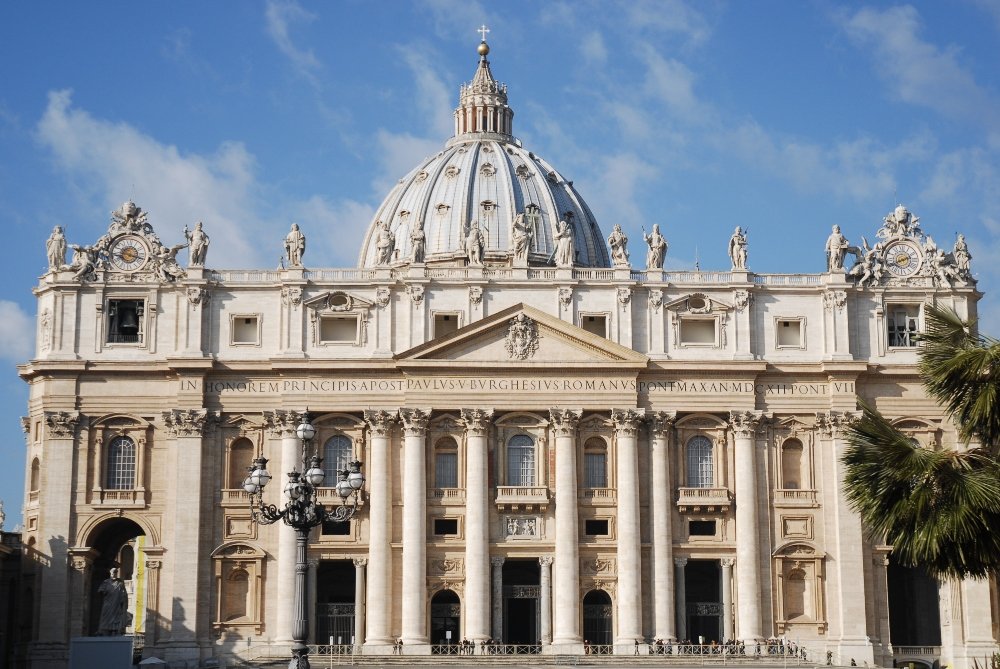 An image of the St. Peter's Basilica front entrance.