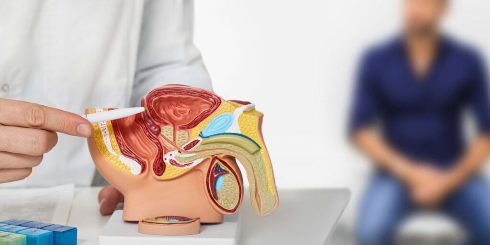 An image of a person showing a model of the prostate gland.