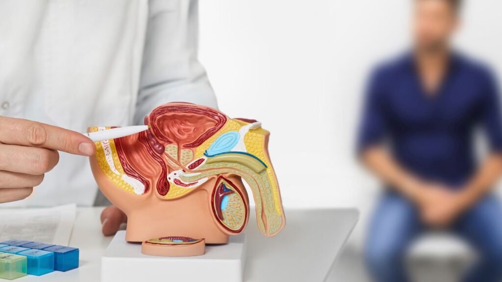 An image of a person showing a model of the prostate gland.