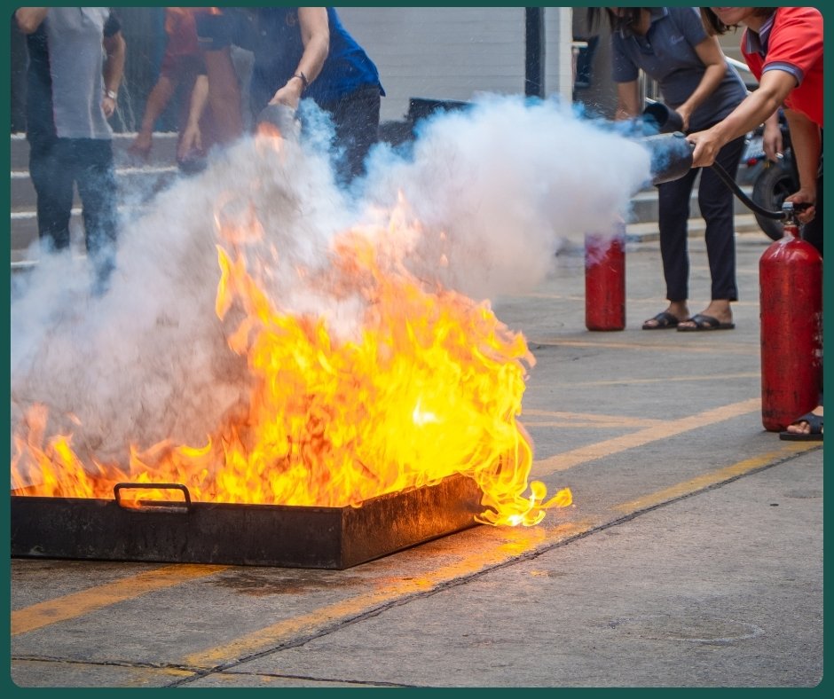 group of people participating in a fire safety drill