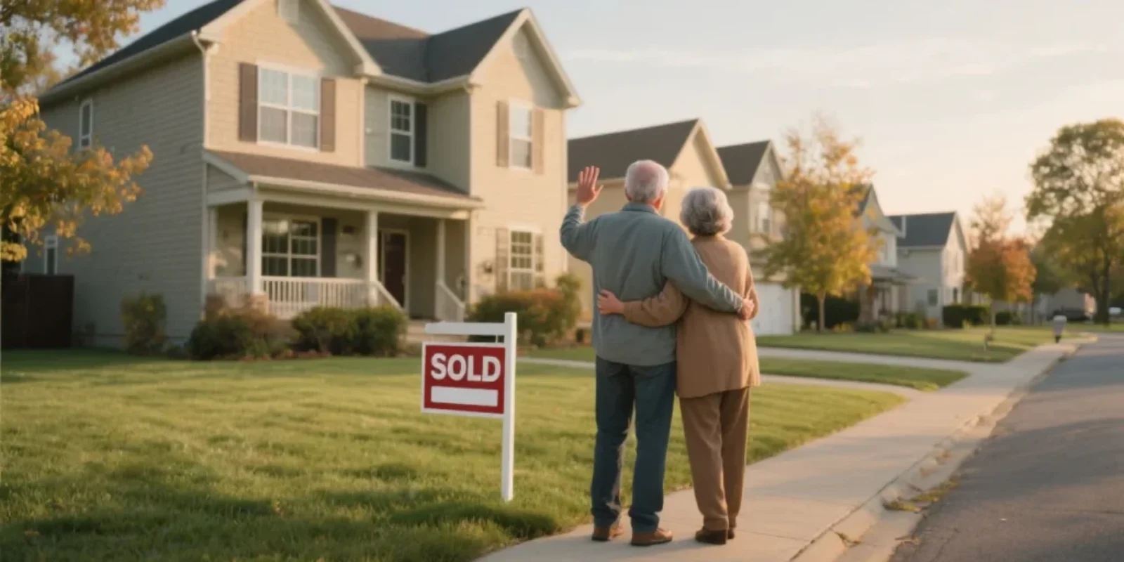 A mid-60's couple waving goodbye to the family home as they prepare for their new, downsized life.