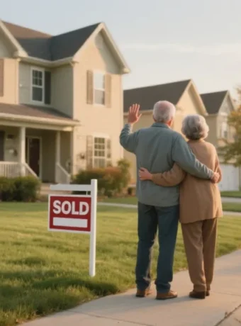 A mid-60's couple waving goodbye to the family home as they prepare for their new, downsized life.