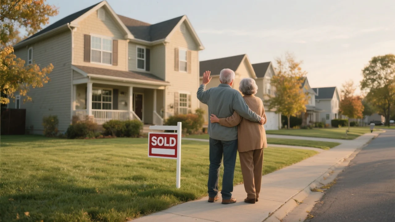 A mid-60's couple waving goodbye to the family home as they prepare for their new, downsized life.