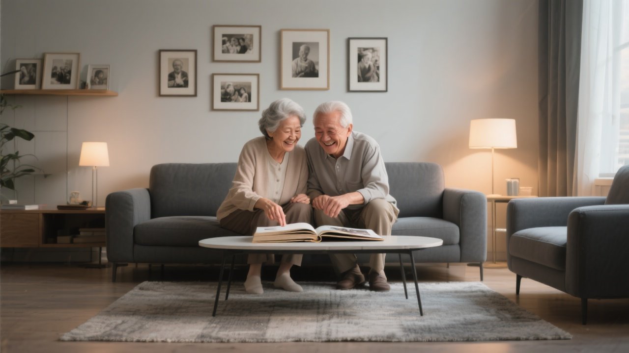 An older couple enjoying memories together as they view old photos.