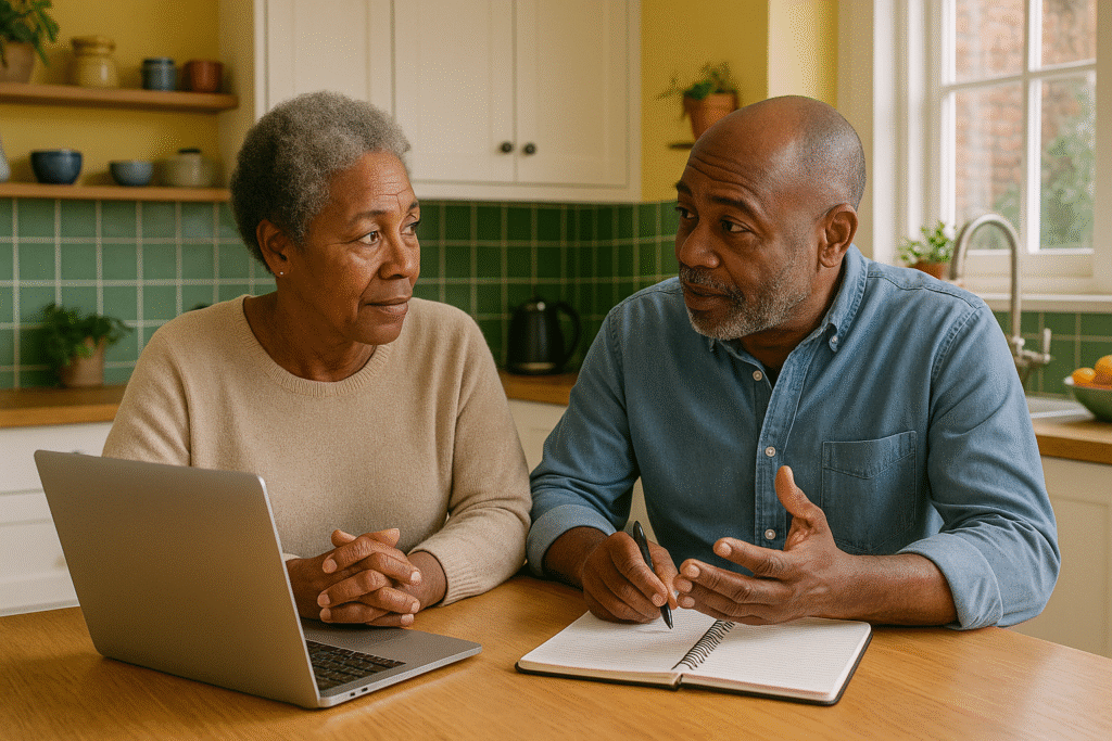 A couple discussing downsizing now that they are empty-nesters. .
