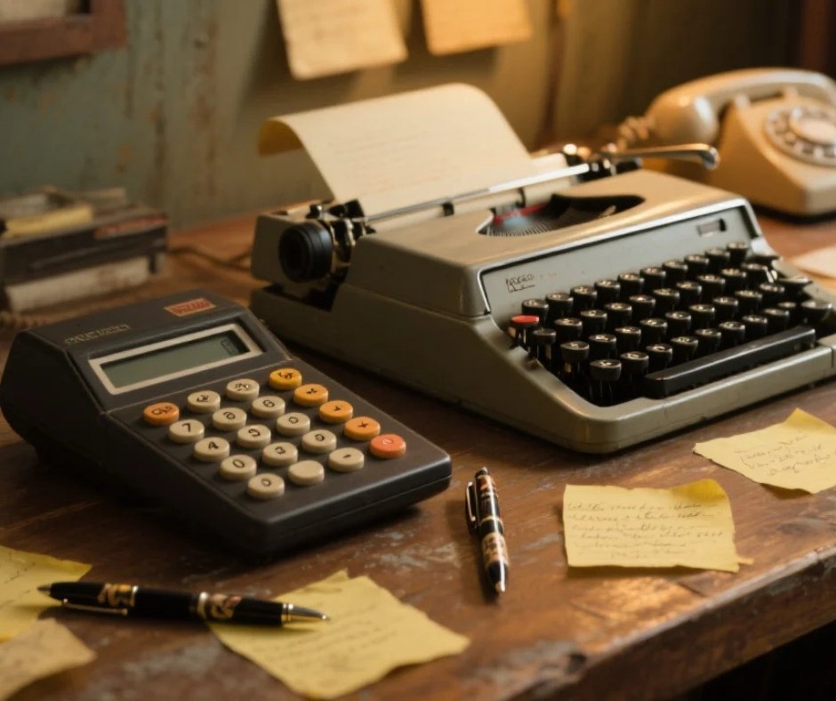 A '60's style calculator and a typewriter
