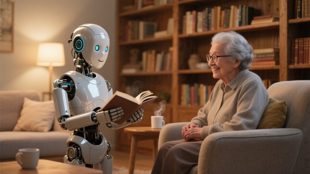 A robot holding an open book, reading to an elderly person sitting opposite.