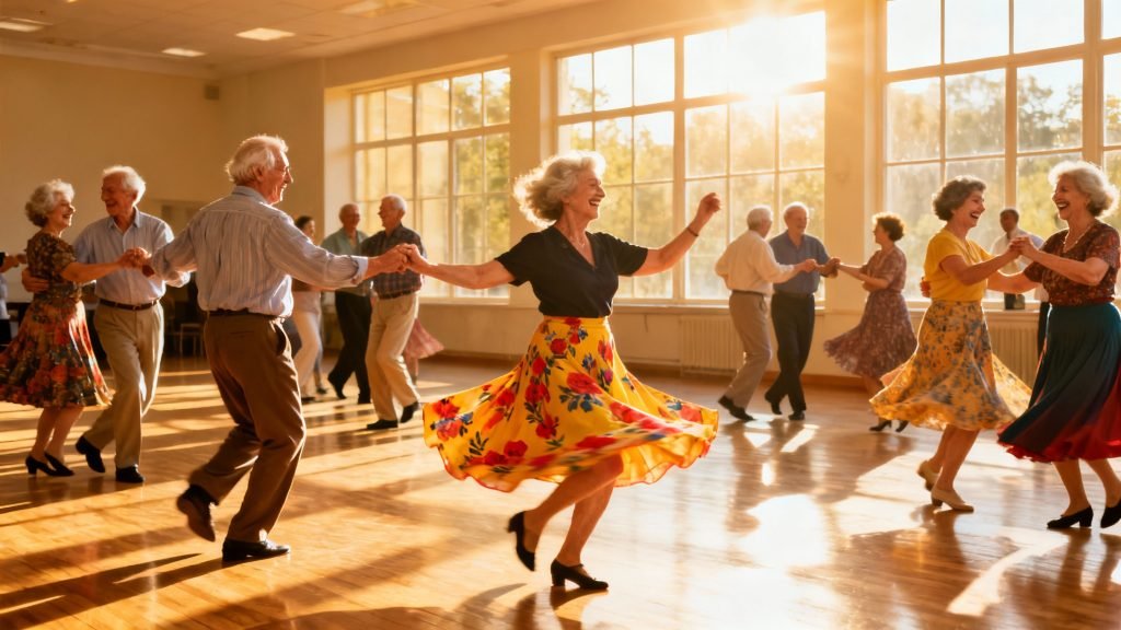 Retirees learning how to jive dance in a brightly lit community class
