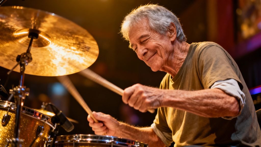 An older man learning how to play teh drums.