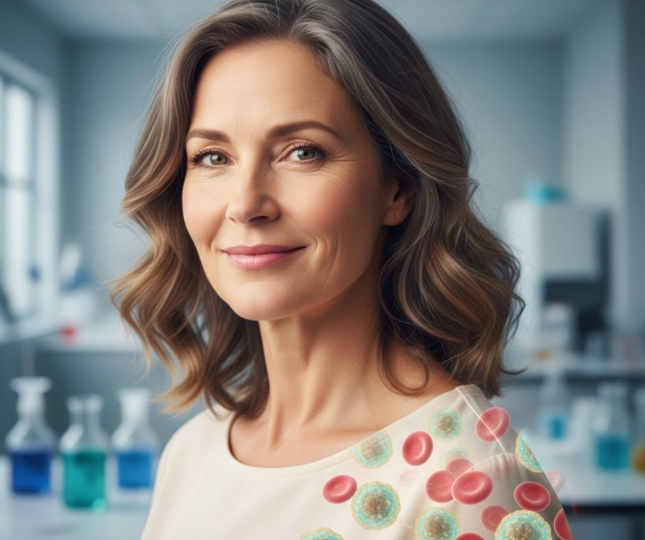 Close-up portrait of a vibrant woman in her early 50s smiling confidently, overlaid with glowing blood stem cells and healthy red blood cells to represent reverse aging, stem cell rejuvenation, and improved blood and immune function.