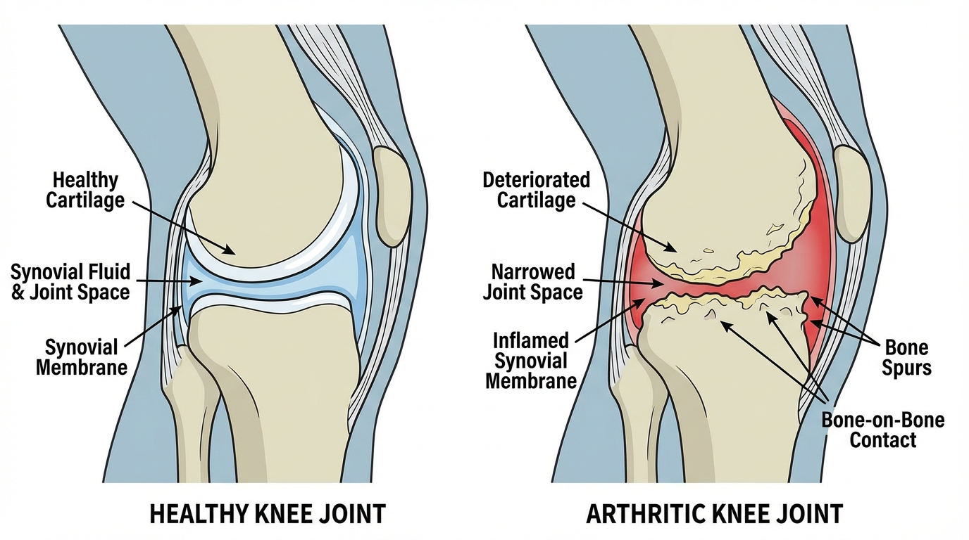 An illustration comparing a healthy knee versus an arthritic knee