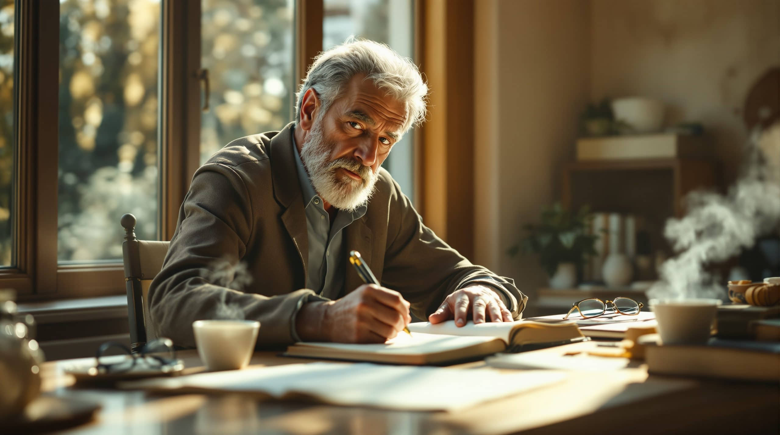 A man in his sixties writing in his journal at the kitchen table